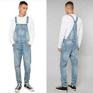 Elwood Men's Slim Destructed Denim Overalls Light Wash Size 32